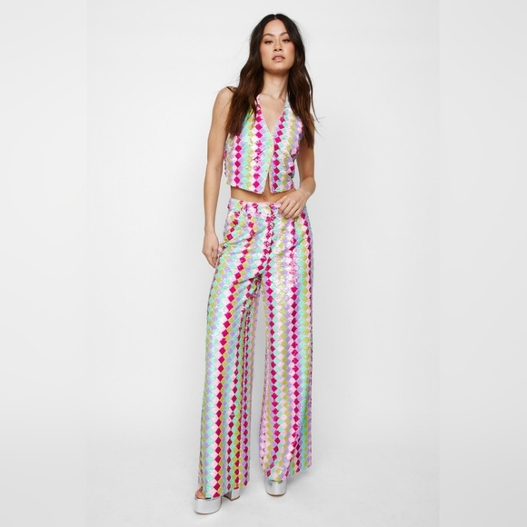 New NASTY GAL Premium Diamond Sequin Taliored Wide Leg...